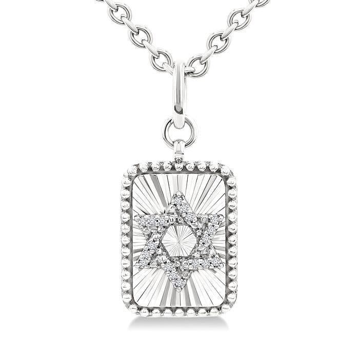 1/10 Ctw Rectangle Fluted Medallion Round Cut Diamond Star of David Pendant With Chain in Sterling Silver