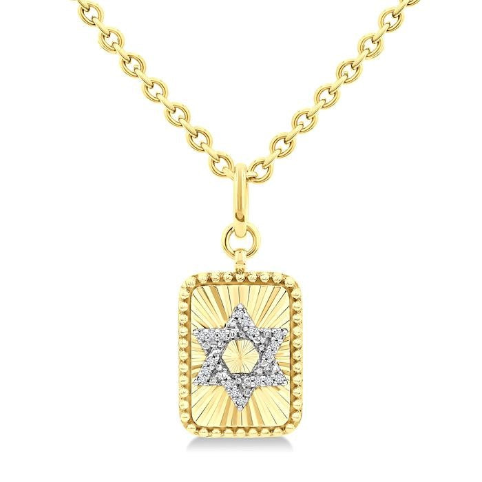 1/10 Ctw Star Of David Round Cut Diamond Rectangular Fluted Medallion Pendant With Chain in Yellow Gold Vermeil