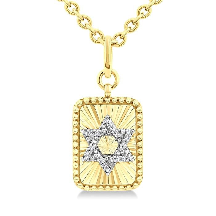 1/10 Ctw Star Of David Round Cut Diamond Rectangular Fluted Medallion Pendant With Chain in Yellow Gold Vermeil