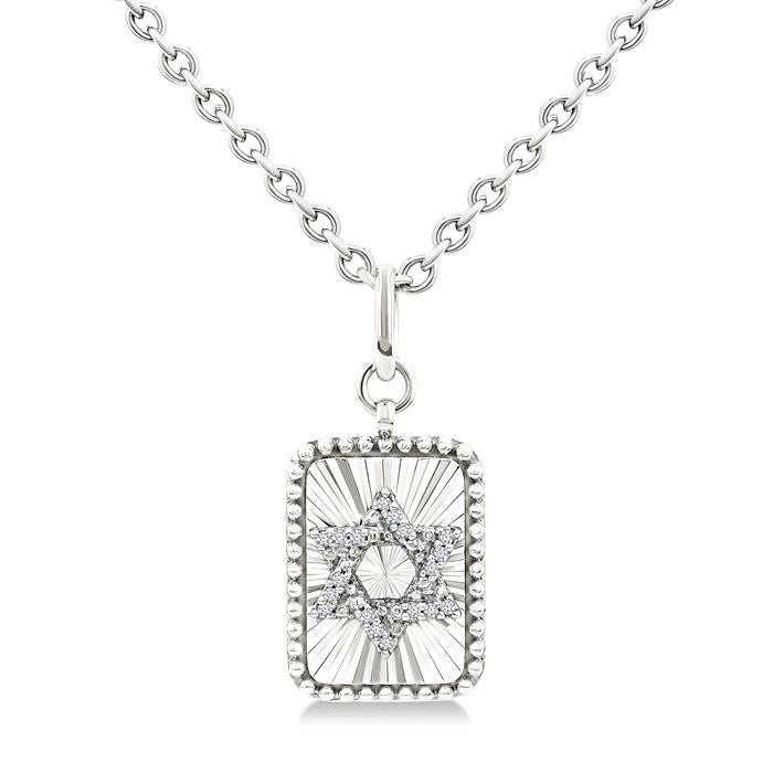 Silver Rectangle Star Of David Fluted Medallion Diamond Pendant