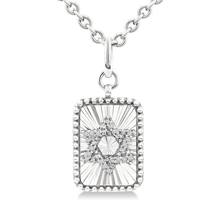 Silver Rectangle Star Of David Fluted Medallion Diamond Pendant
