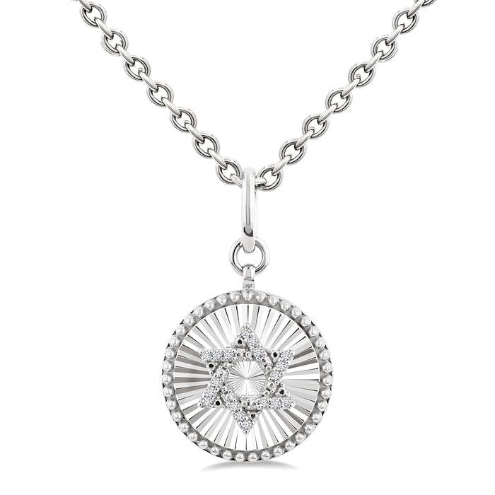 1/10 Ctw Round Fluted Medallion Round Cut Diamond Star of David Pendant With Chain in Sterling Silver