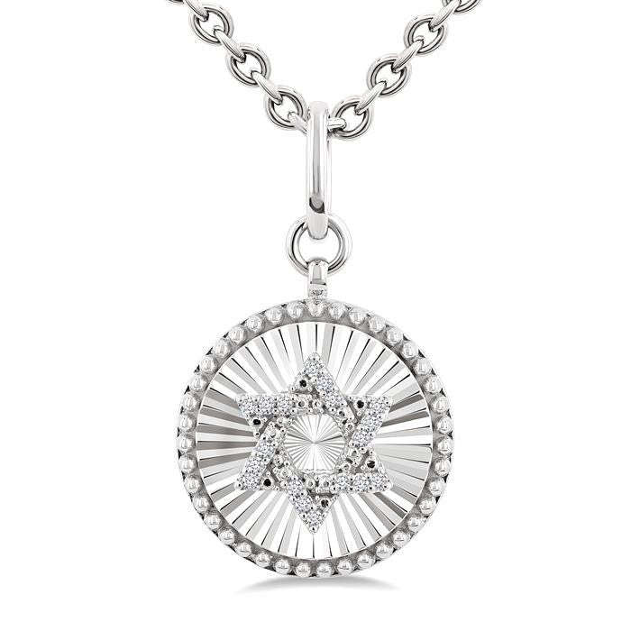 Silver Circle Star Of David Fluted Medallion Diamond Pendant
