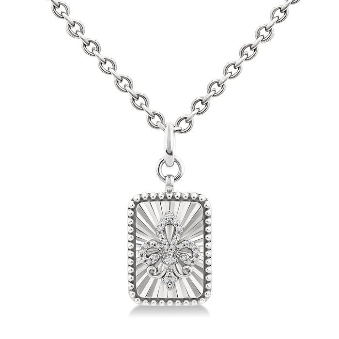 1/10 Ctw Rectangle fluted medallion Round Cut Diamond Pirouette Fleur-De-Lis Pendant With Chain in Sterling Silver