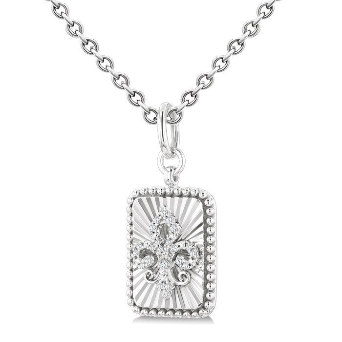 1/10 Ctw Rectangle fluted medallion Round Cut Diamond Pirouette Fleur-De-Lis Pendant With Chain in Sterling Silver