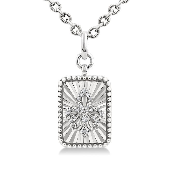 1/10 Ctw Rectangle fluted medallion Round Cut Diamond Pirouette Fleur-De-Lis Pendant With Chain in Sterling Silver