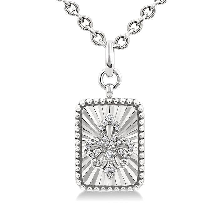 Silver Rectangle Fleur-De-Lis Fluted Medallion Diamond Pendant