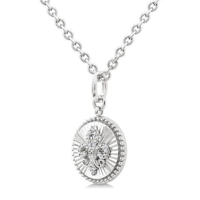1/10 Ctw Round fluted medallion Round Cut Diamond Pirouette Fleur-De-Lis Pendant With Chain in Sterling Silver