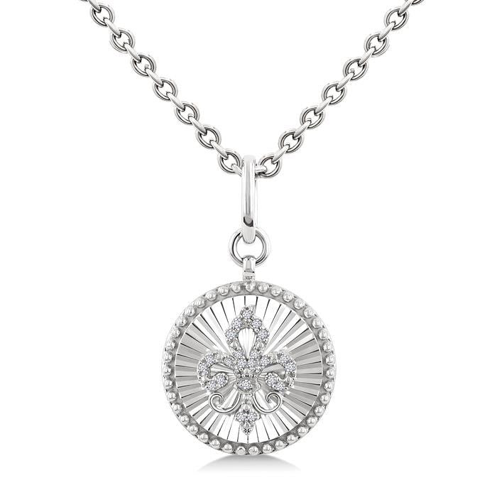 Silver Circle Fleur-De-Lis Fluted Medallion Diamond Pendant