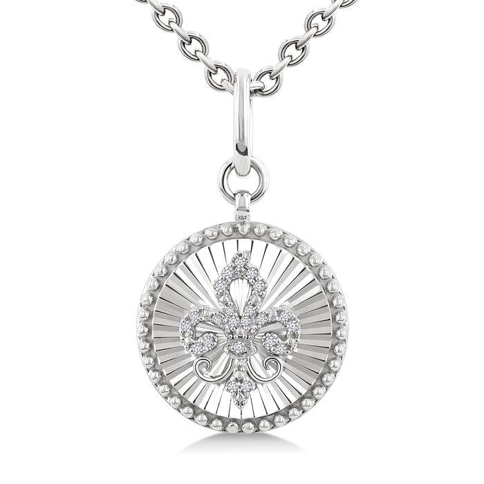 Silver Circle Fleur-De-Lis Fluted Medallion Diamond Pendant