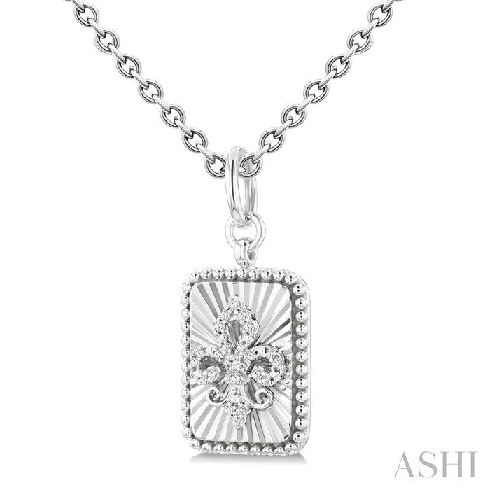 1/10 Ctw Rectangle fluted medallion Round Cut Diamond Pirouette Fleur-De-Lis Pendant With Chain in Sterling Silver
