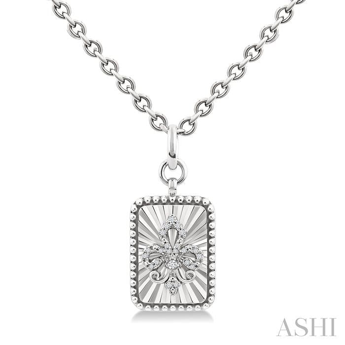 1/10 Ctw Rectangle fluted medallion Round Cut Diamond Pirouette Fleur-De-Lis Pendant With Chain in Sterling Silver