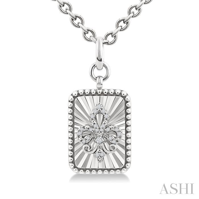 1/10 Ctw Rectangle fluted medallion Round Cut Diamond Pirouette Fleur-De-Lis Pendant With Chain in Sterling Silver