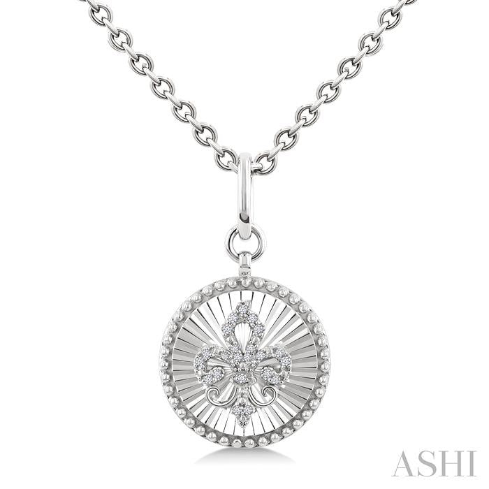 1/10 Ctw Round fluted medallion Round Cut Diamond Pirouette Fleur-De-Lis Pendant With Chain in Sterling Silver