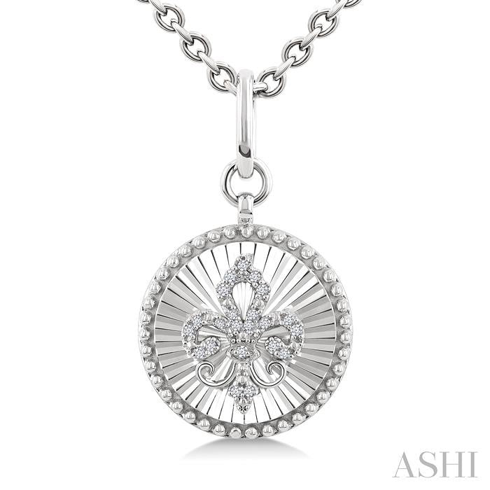 1/10 Ctw Round fluted medallion Round Cut Diamond Pirouette Fleur-De-Lis Pendant With Chain in Sterling Silver