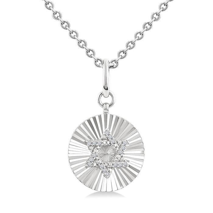1/10 Ctw Round Fluted Medallion Round Cut Diamond Pirouette Star of David Pendant With Chain in Sterling Silver