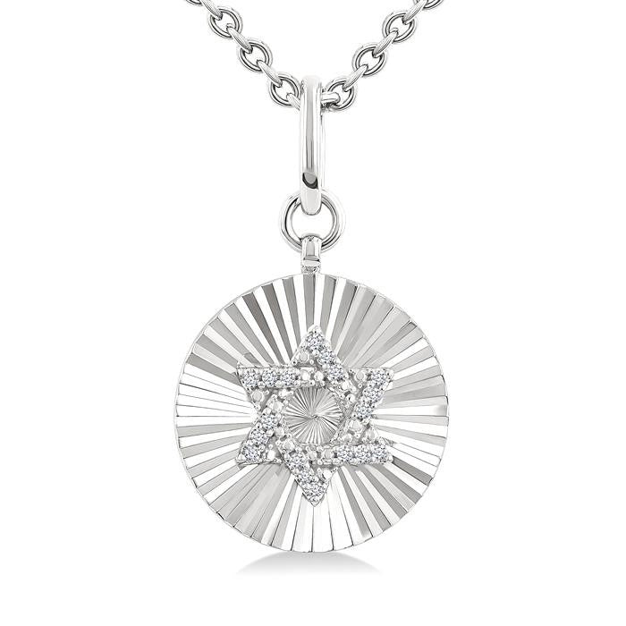 1/10 Ctw Round Fluted Medallion Round Cut Diamond Pirouette Star of David Pendant With Chain in Sterling Silver