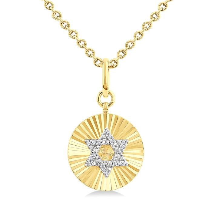1/10 Ctw Star Of David Round Cut Diamond Pirouette Fluted Circle Medallion Pendant With Chain in Yellow Gold Vermeil