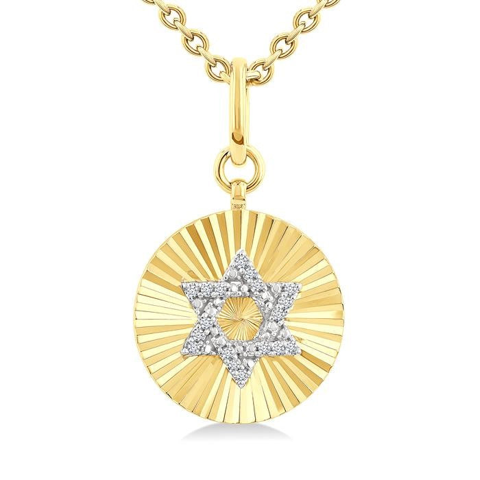 1/10 Ctw Star Of David Round Cut Diamond Pirouette Fluted Circle Medallion Pendant With Chain in Yellow Gold Vermeil