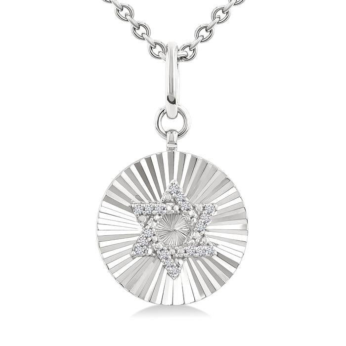 Silver Circle Star Of David Fluted Medallion Diamond Pendant