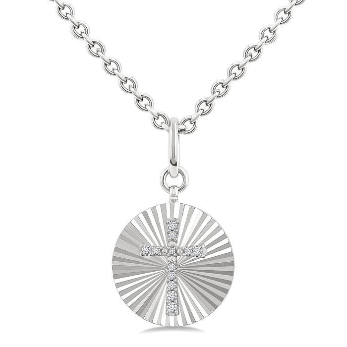 1/10 Ctw Round Fluted Medallion Round Cut Diamond Pirouette Cross Pendant With Chain in Sterling Silver