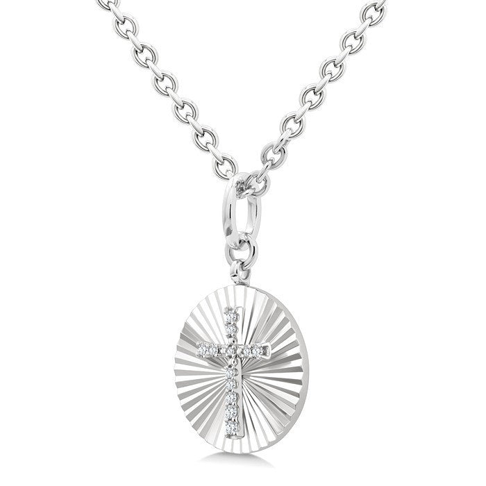 1/10 Ctw Round Fluted Medallion Round Cut Diamond Pirouette Cross Pendant With Chain in Sterling Silver