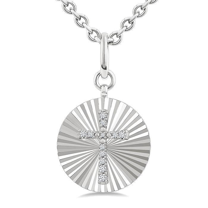1/10 Ctw Round Fluted Medallion Round Cut Diamond Pirouette Cross Pendant With Chain in Sterling Silver
