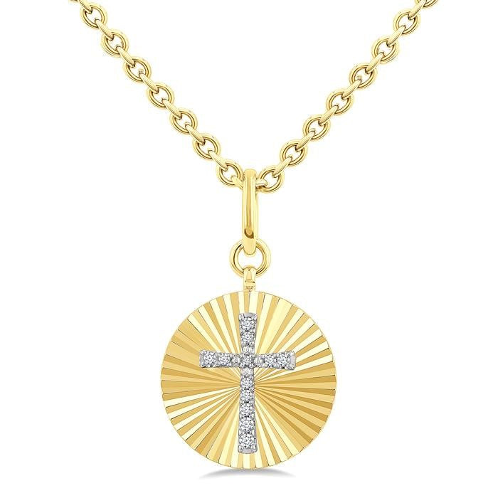 1/10 Ctw Latin Cross Round Cut Diamond Pirouette Fluted Circle Medallion Pendant With Chain in Yellow Gold Vermeil