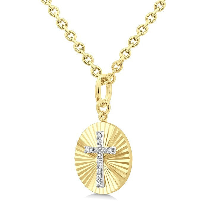 1/10 Ctw Latin Cross Round Cut Diamond Pirouette Fluted Circle Medallion Pendant With Chain in Yellow Gold Vermeil