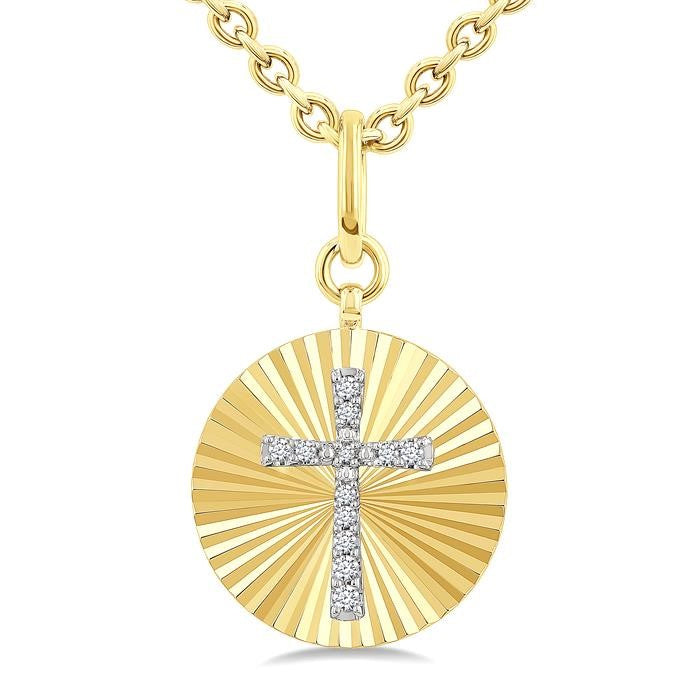 1/10 Ctw Latin Cross Round Cut Diamond Pirouette Fluted Circle Medallion Pendant With Chain in Yellow Gold Vermeil