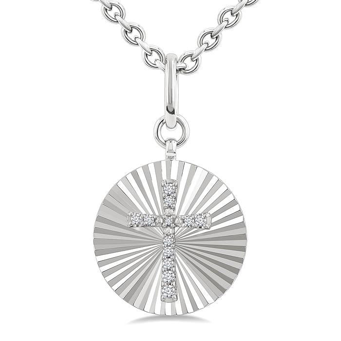Silver Circle Cross Fluted Medallion Diamond Pendant