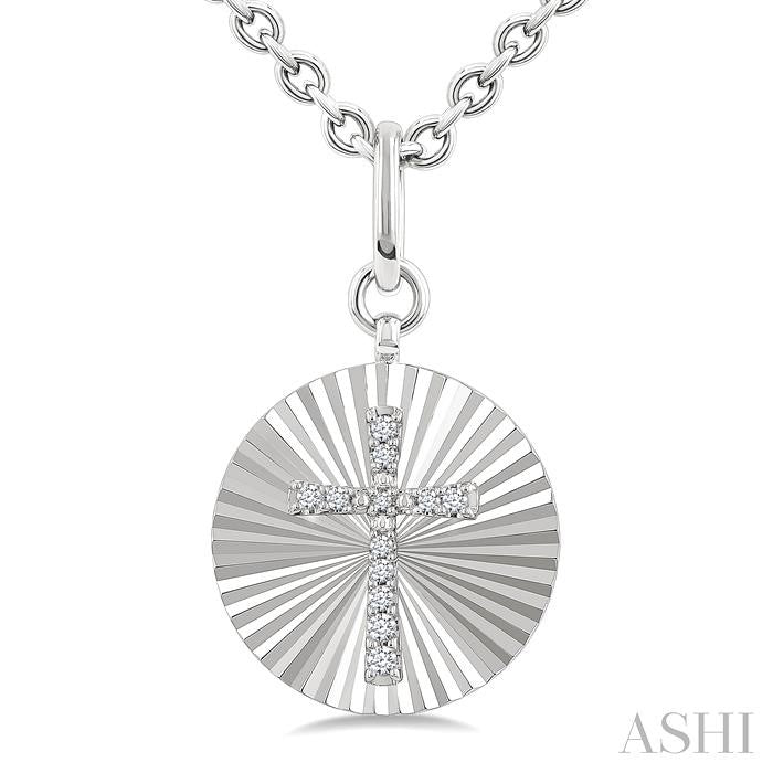 1/10 Ctw Round Fluted Medallion Round Cut Diamond Pirouette Cross Pendant With Chain in Sterling Silver