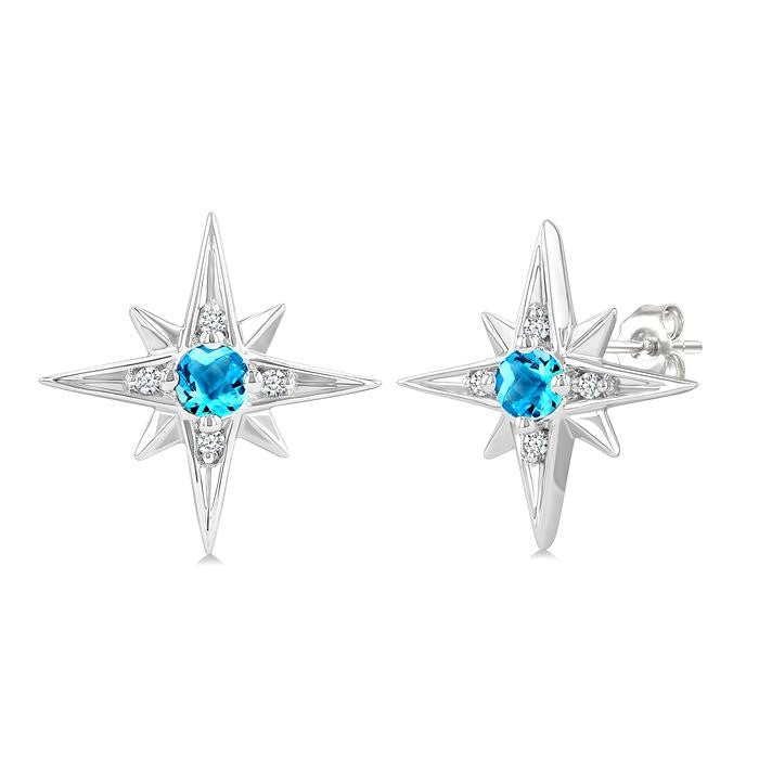 3 MM Round Cut Blue Topaz and 1/20 Ctw Round Cut Diamond Semi-Precious Fashion Earrings in Sterling Silver
