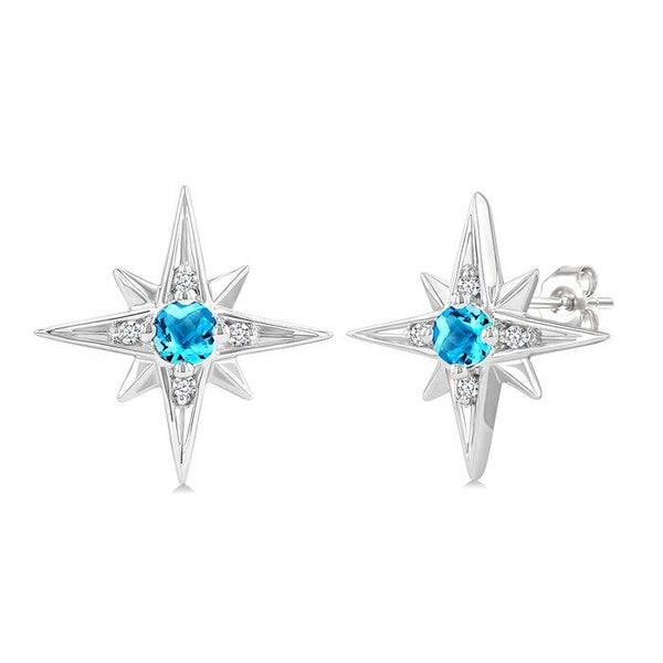 3 MM Round Cut Blue Topaz and 1/20 Ctw Round Cut Diamond Semi-Precious Fashion Earrings in Sterling Silver