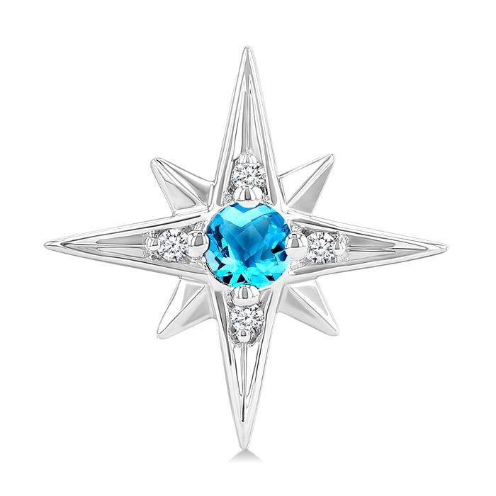 3 MM Round Cut Blue Topaz and 1/20 Ctw Round Cut Diamond Semi-Precious Fashion Earrings in Sterling Silver
