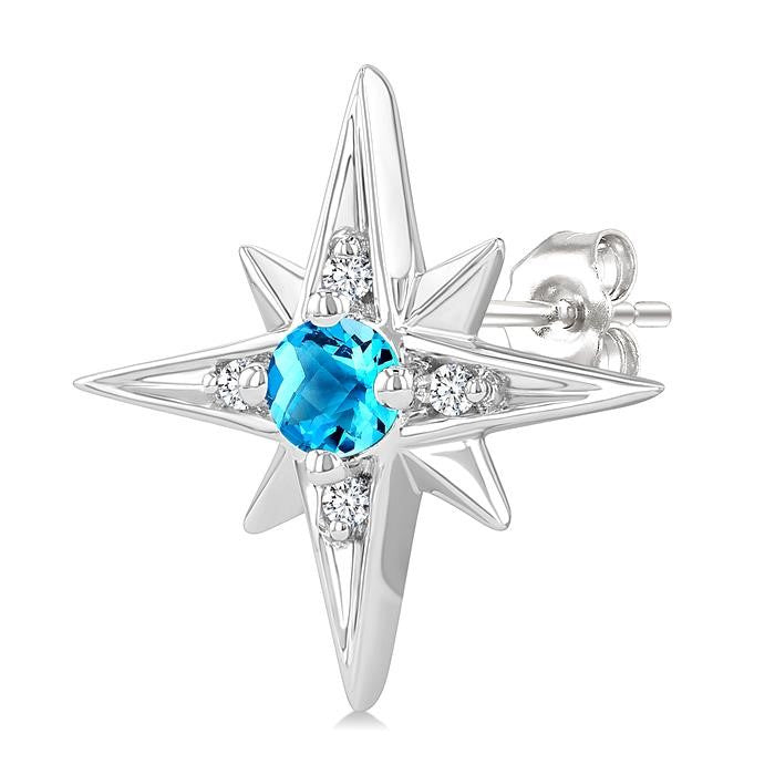3 MM Round Cut Blue Topaz and 1/20 Ctw Round Cut Diamond Semi-Precious Fashion Earrings in Sterling Silver