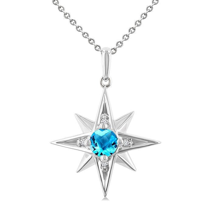 5 MM Round Cut Blue Topaz and 1/20 Ctw Round Cut Diamond Semi-Precious Fashion Pendant With Chain in Sterling Silver