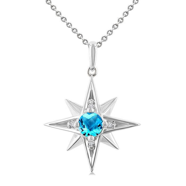 5 MM Round Cut Blue Topaz and 1/20 Ctw Round Cut Diamond Semi-Precious Fashion Pendant With Chain in Sterling Silver