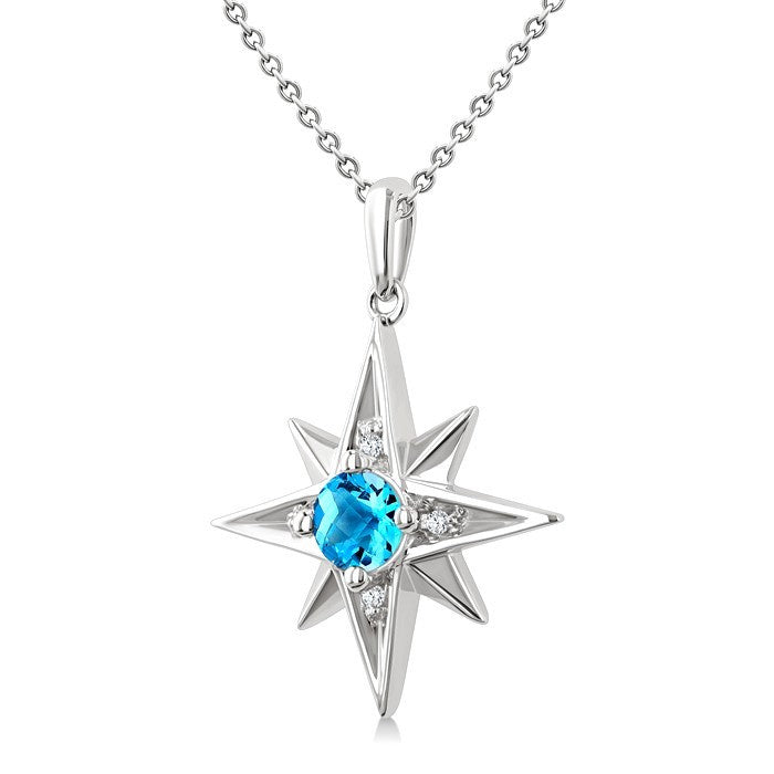 5 MM Round Cut Blue Topaz and 1/20 Ctw Round Cut Diamond Semi-Precious Fashion Pendant With Chain in Sterling Silver