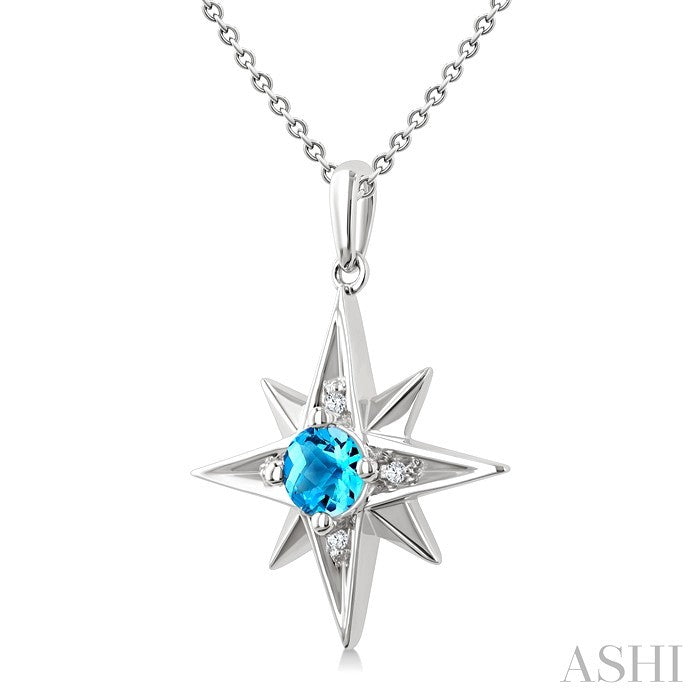 5 MM Round Cut Blue Topaz and 1/20 Ctw Round Cut Diamond Semi-Precious Fashion Pendant With Chain in Sterling Silver