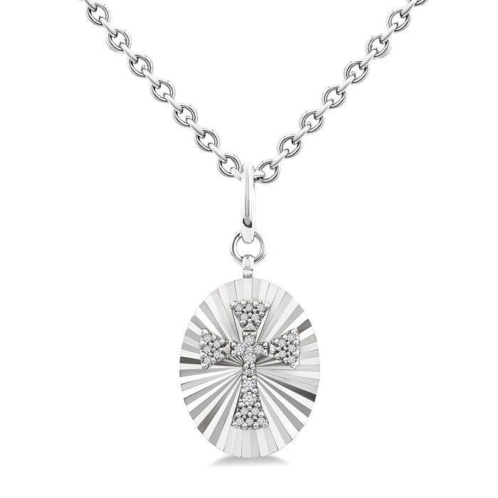 1/10 Ctw Oval Fluted Medallion Round Cut Diamond Pirouette Cross Pendant With Chain in Sterling Silver