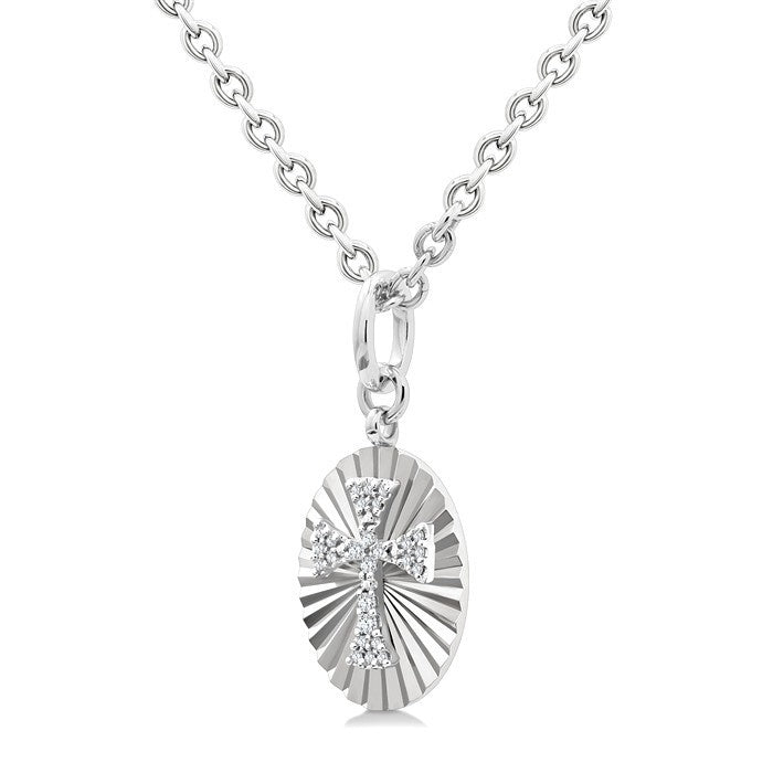 1/10 Ctw Oval Fluted Medallion Round Cut Diamond Pirouette Cross Pendant With Chain in Sterling Silver