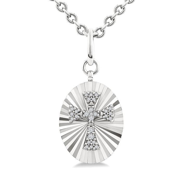 1/10 Ctw Oval Fluted Medallion Round Cut Diamond Pirouette Cross Pendant With Chain in Sterling Silver