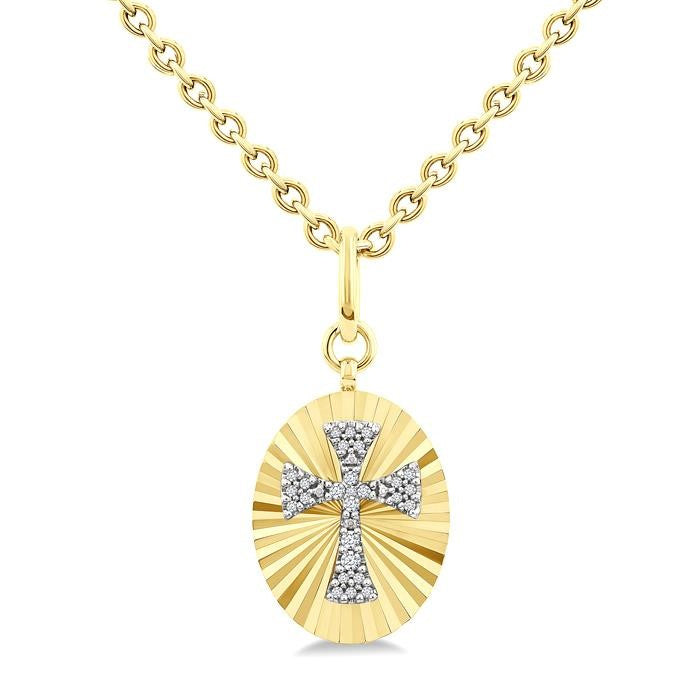 1/10 Ctw Templar Cross Round Cut Diamond Pirouette Fluted Oval Medallion Pendant With Chain in Yellow Gold Vermeil