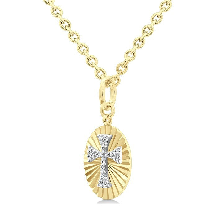 1/10 Ctw Templar Cross Round Cut Diamond Pirouette Fluted Oval Medallion Pendant With Chain in Yellow Gold Vermeil