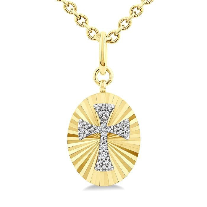 1/10 Ctw Templar Cross Round Cut Diamond Pirouette Fluted Oval Medallion Pendant With Chain in Yellow Gold Vermeil