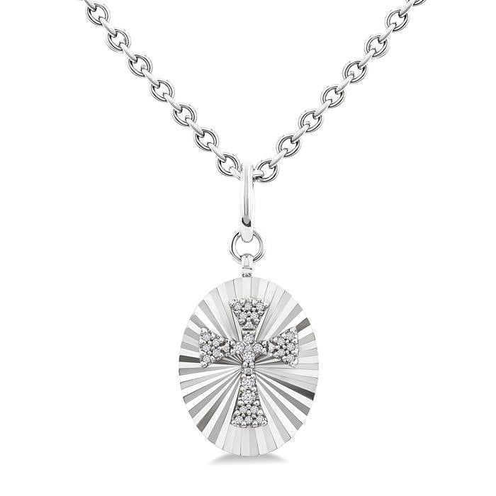 Silver Oval Shape Cross Fluted Medallion Diamond Pendant