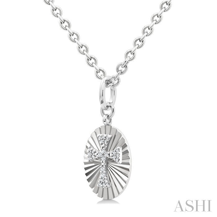 1/10 Ctw Oval Fluted Medallion Round Cut Diamond Pirouette Cross Pendant With Chain in Sterling Silver