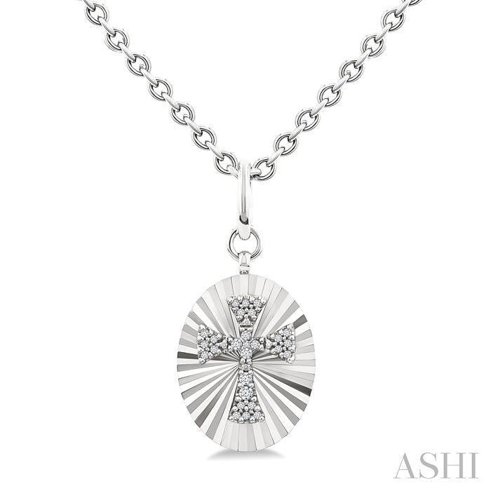 1/10 Ctw Oval Fluted Medallion Round Cut Diamond Pirouette Cross Pendant With Chain in Sterling Silver