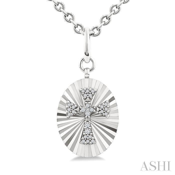 1/10 Ctw Oval Fluted Medallion Round Cut Diamond Pirouette Cross Pendant With Chain in Sterling Silver
